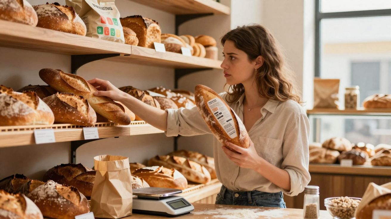 Mulher escolhendo pão artesanal em prateleiras de padaria com diversas variedades expostas.