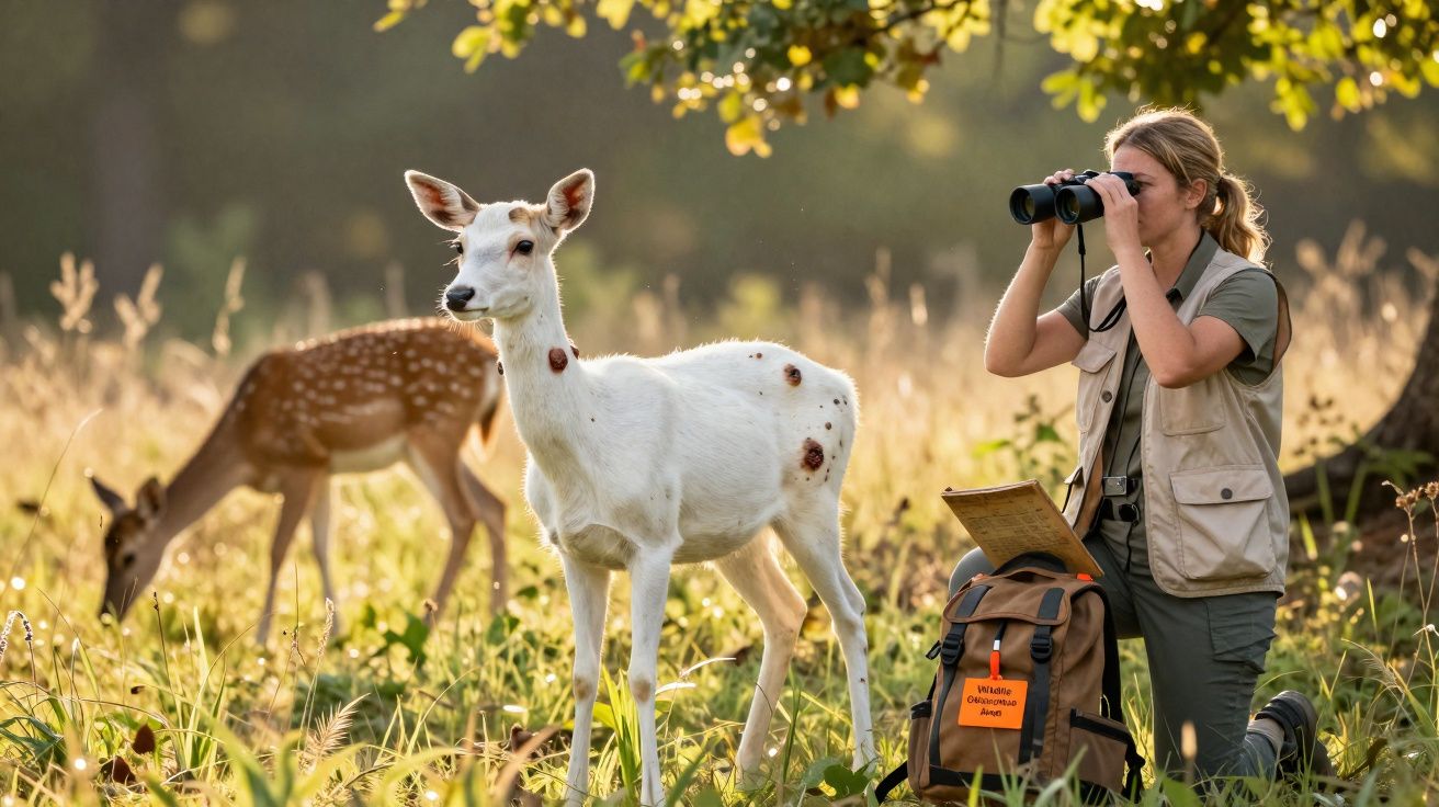 Mulher observa veados com binóculo em área de vegetação durante o dia ensolarado.