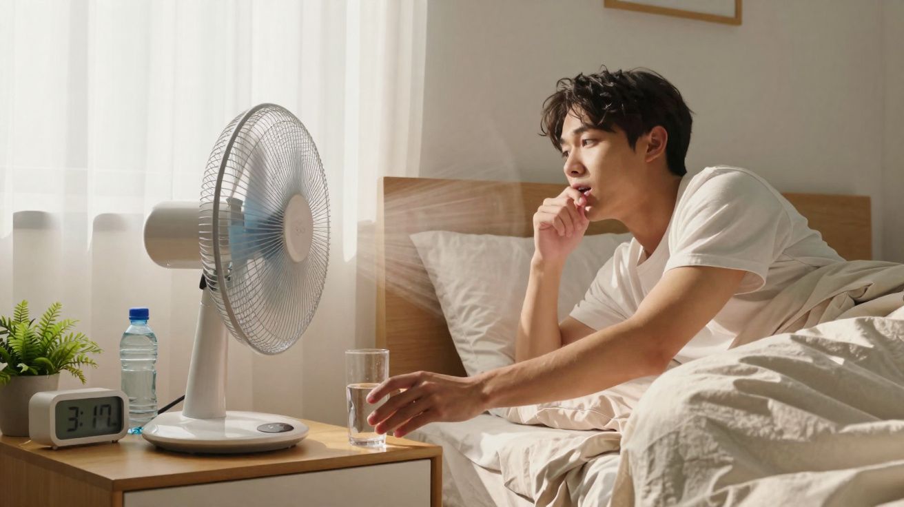 Homem acordado na cama, pegando copo d'água enquanto um ventilador funciona ao lado.