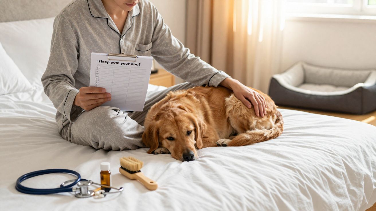 Pessoa de pijama cinza sentada na cama com cachorro dourado, segurando prancheta ao lado de itens veterinários.