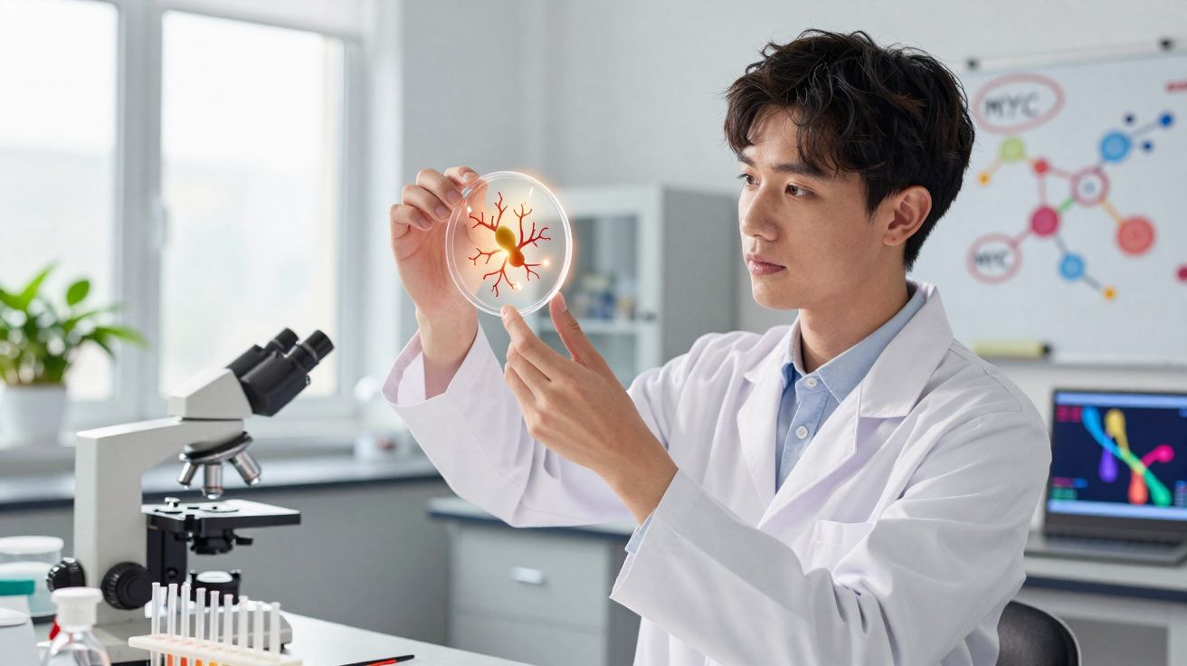 Cientista examinando placa de petri com imagem ampliada de neurônio em laboratório moderno.