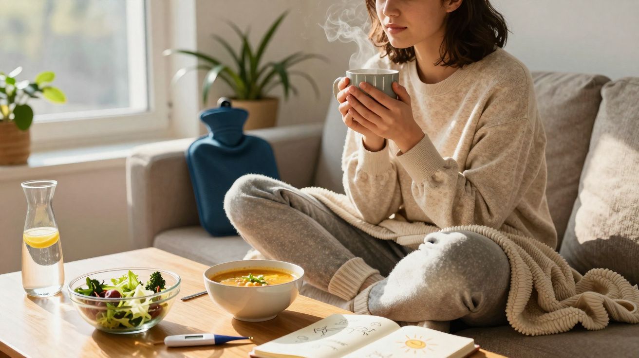 Mulher sentada no sofá com manta, segurando uma caneca quente, com sopa, salada e livro na mesa.