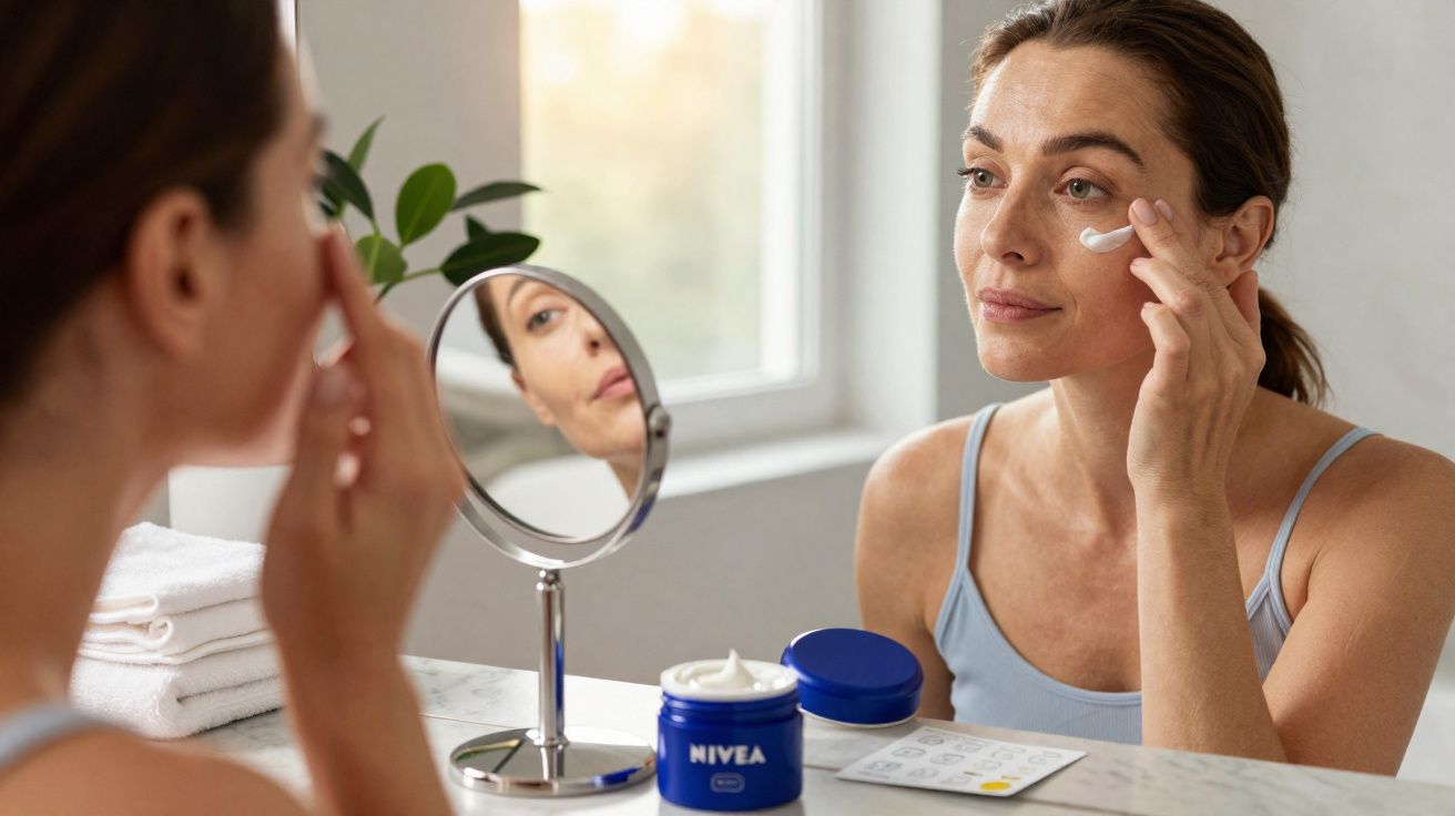 Mulher aplicando creme facial Nivea em frente a espelho em ambiente iluminado com toalhas ao fundo.