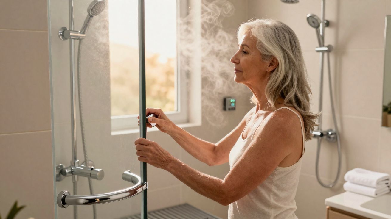 Mulher idosa abrindo a porta de vidro de um chuveiro com vapor em banheiro moderno iluminado.