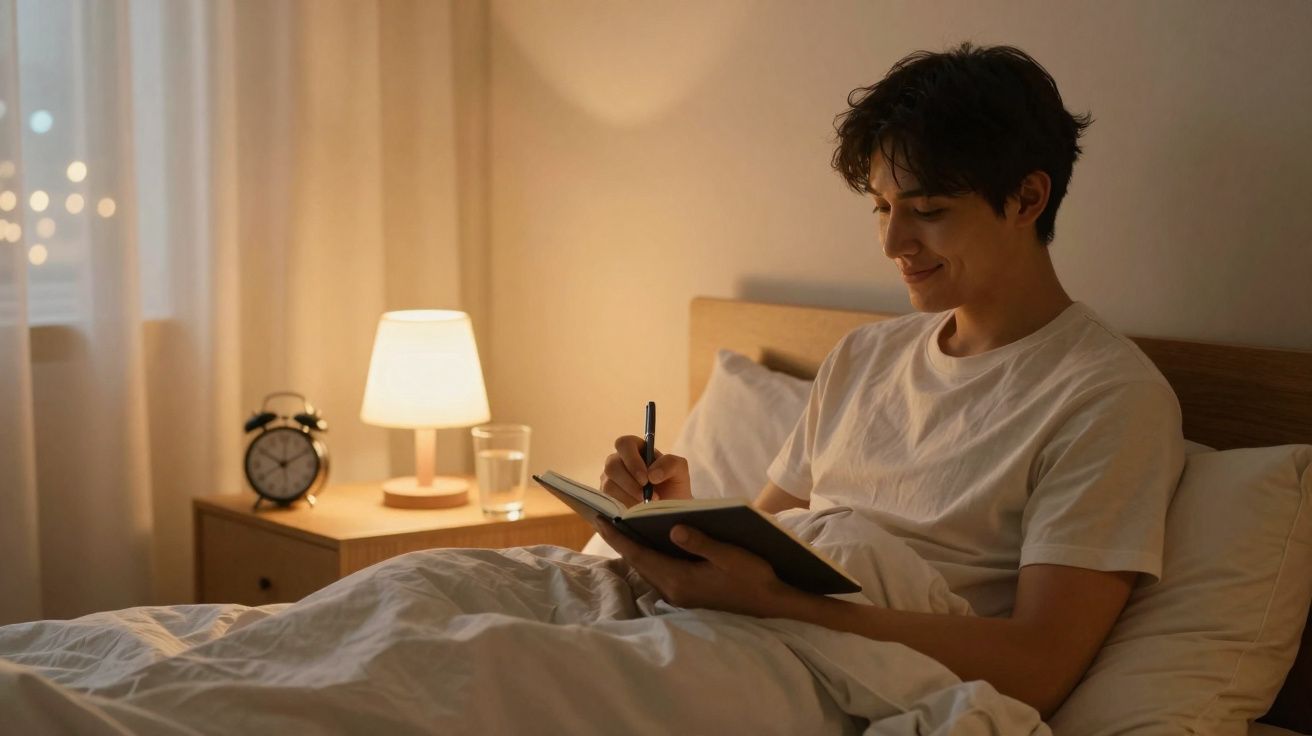 Pessoa sentada na cama escrevendo em um caderno, com abajur e relógio na mesa ao lado.