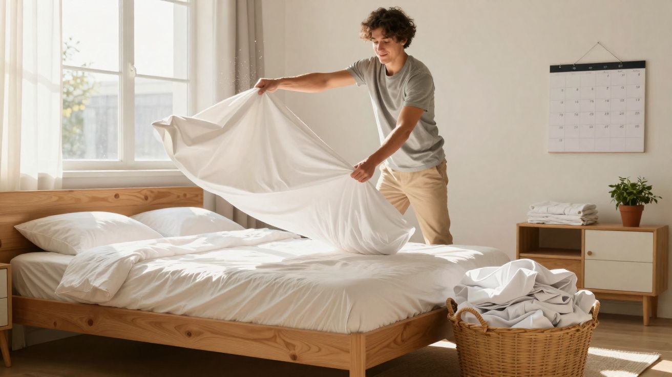 Homem arrumando cama com lençol branco em quarto claro com janela e cesto de roupa suja.