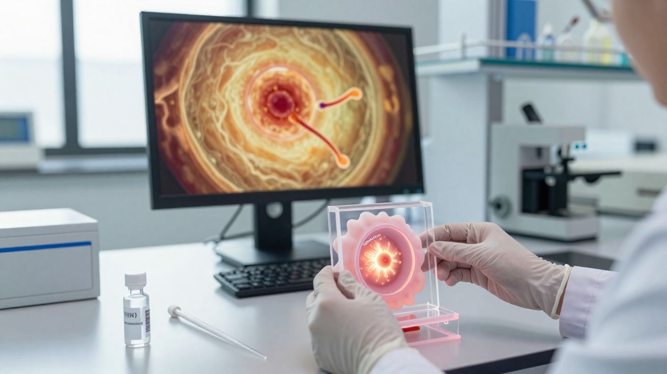 Cientista segurando modelo de célula ao lado de computador com imagem ampliada da mesma célula no laboratório.