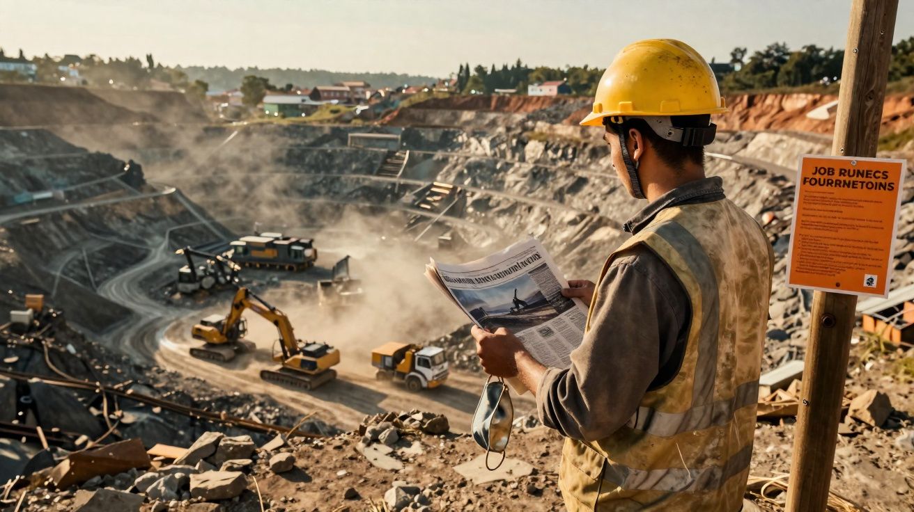 Trabalhador usando capacete lê jornal em mina a céu aberto com máquinas e poeira ao fundo.