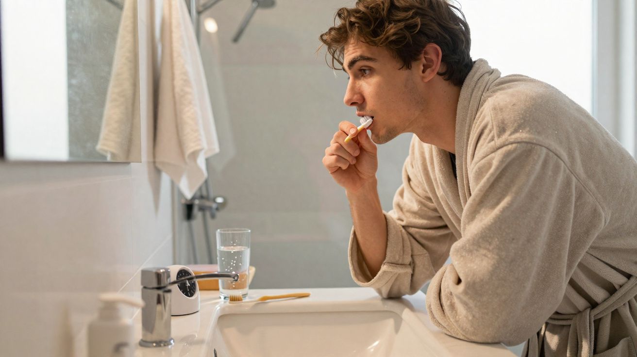 Homem de roupão escovando os dentes em frente ao espelho do banheiro.