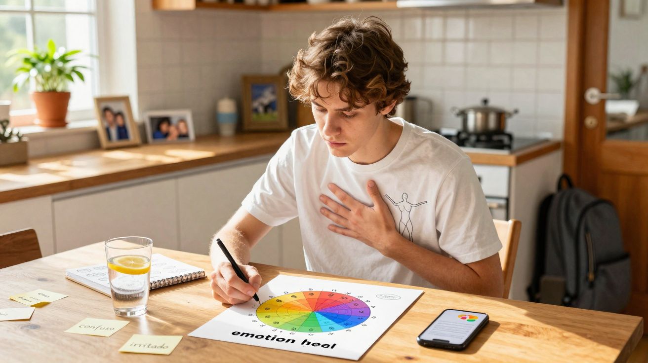 Jovem analisa roda das emoções enquanto escreve em folha na mesa com copo de água e celular ao lado.