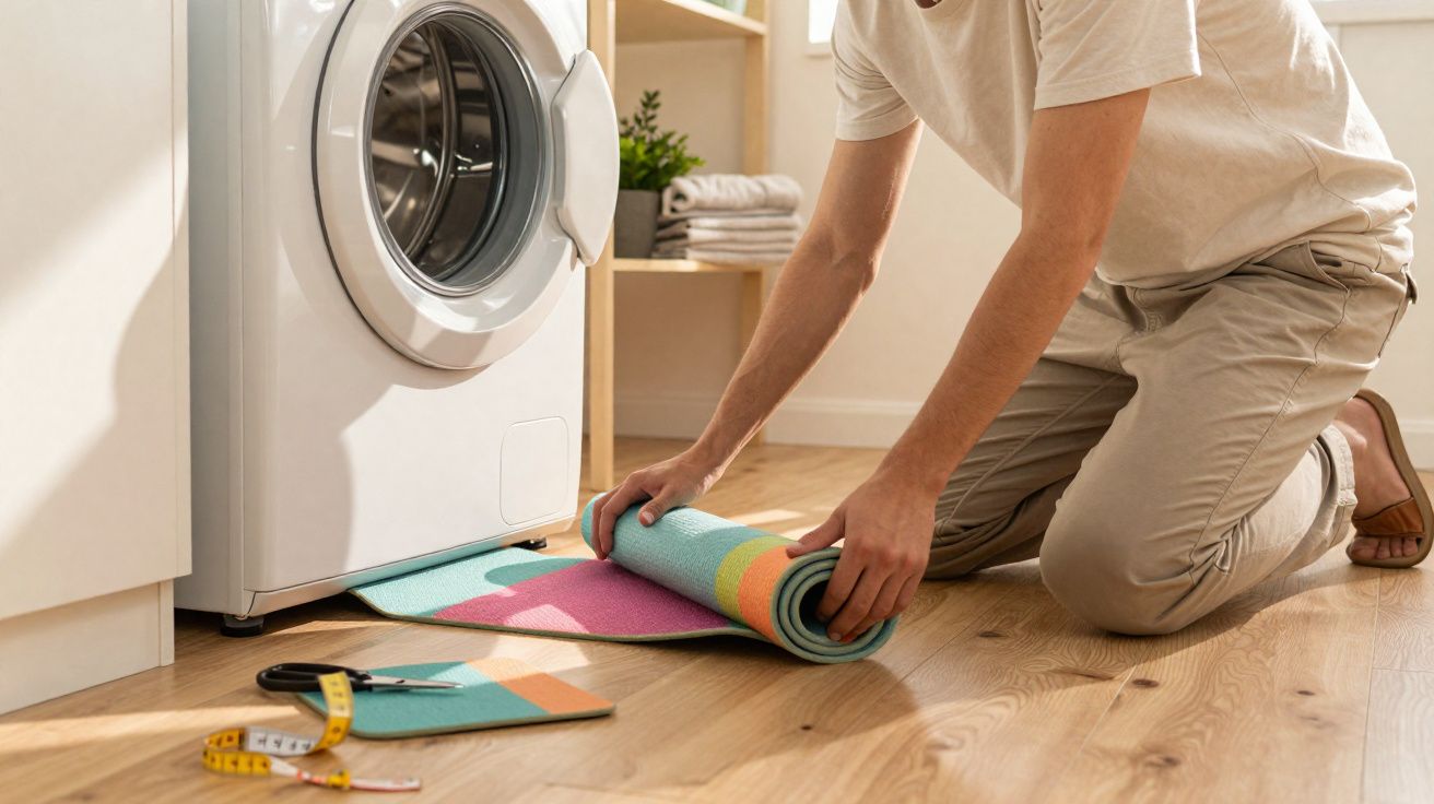 Pessoa enrolando tapete colorido próximo à máquina de lavar roupa em ambiente doméstico.