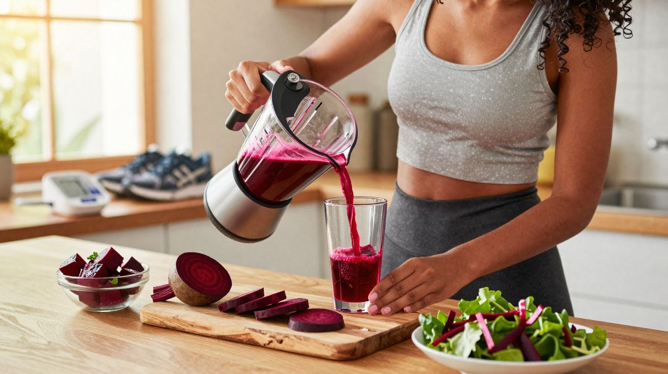 Mulher servindo suco de beterraba em copo na cozinha, com beterrabas fatiadas e salada na mesa.