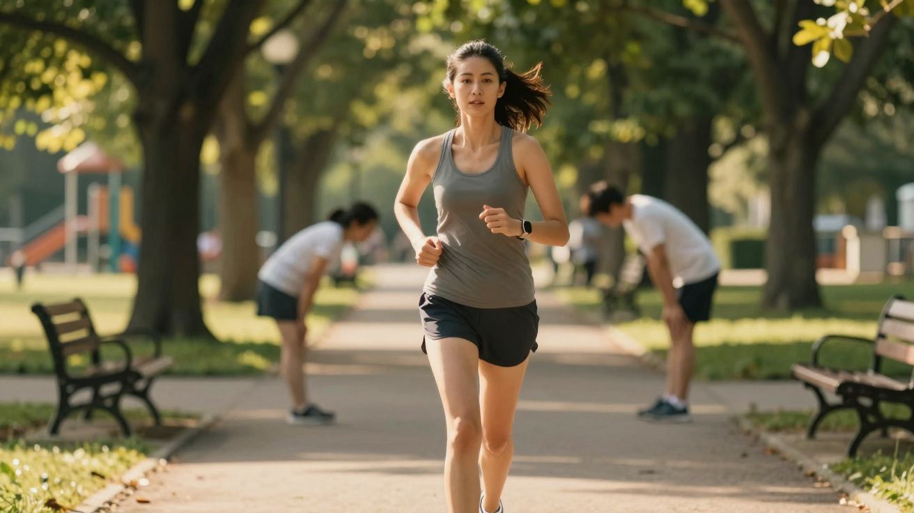 Mulher correndo em parque com duas pessoas ao fundo descansando e bancos ao lado do caminho.