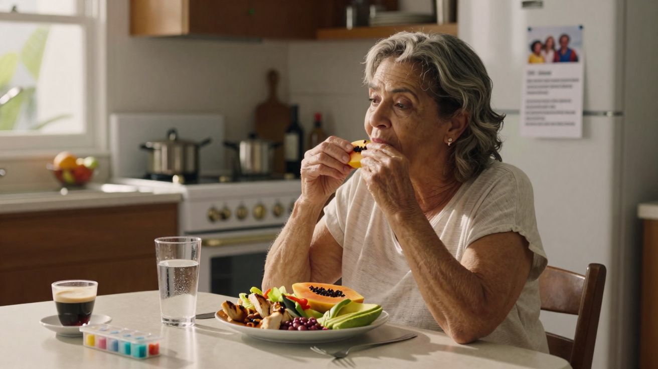 Mulher idosa comendo frutas na cozinha, com remédios, café e água sobre a mesa.