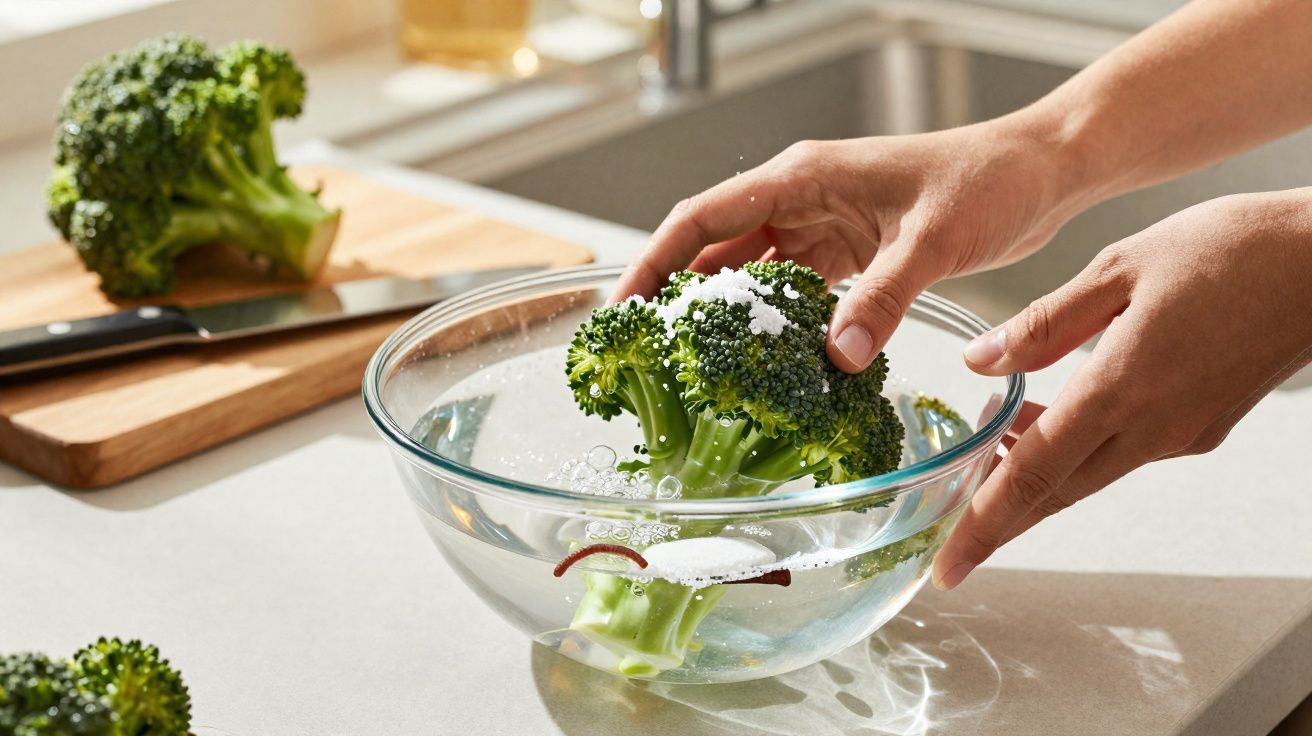 Mãos lavando brócolis em água com sal numa tigela de vidro na cozinha, com tábua e faca ao fundo.