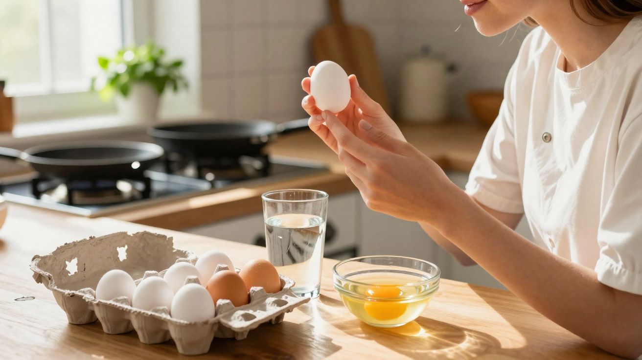 Pessoa segurando ovo branco perto de caixa com ovos e tigela com gemas em cozinha iluminada.