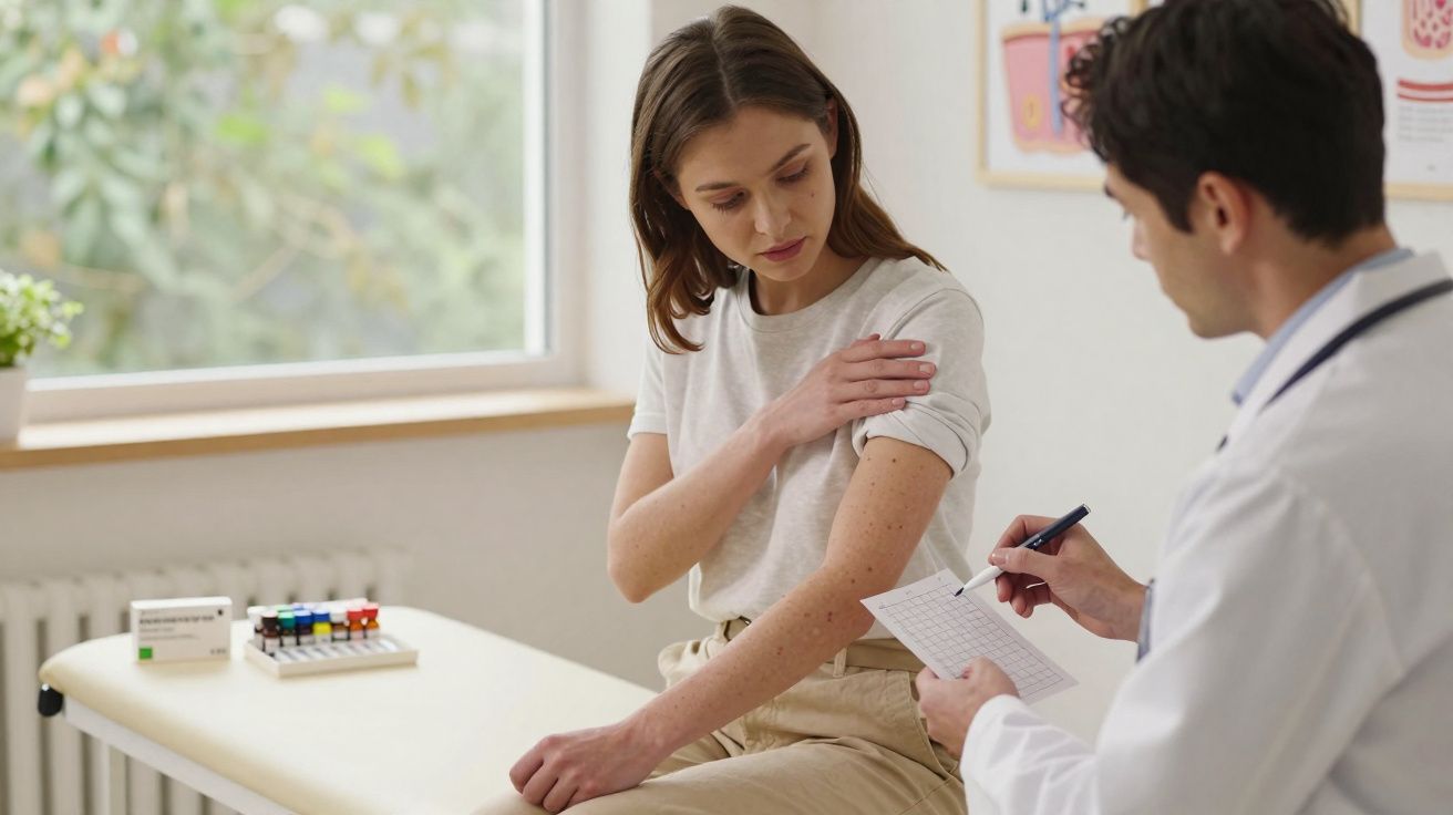 Mulher com camiseta branca mostrando o braço para médico que anota em prancheta em consultório.