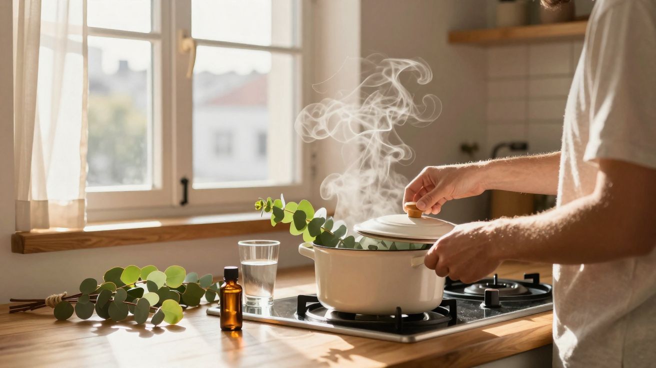 Pessoa tampando panela com vapor na boca do fogão em cozinha com luz natural e galhos de plantas sobre a bancada