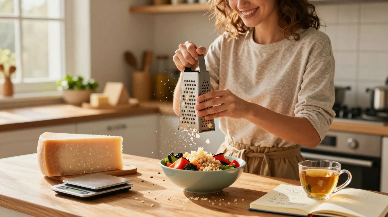 Mulher ralada queijo em salada de frutas na cozinha ensolarada, com chá e caderno na bancada.