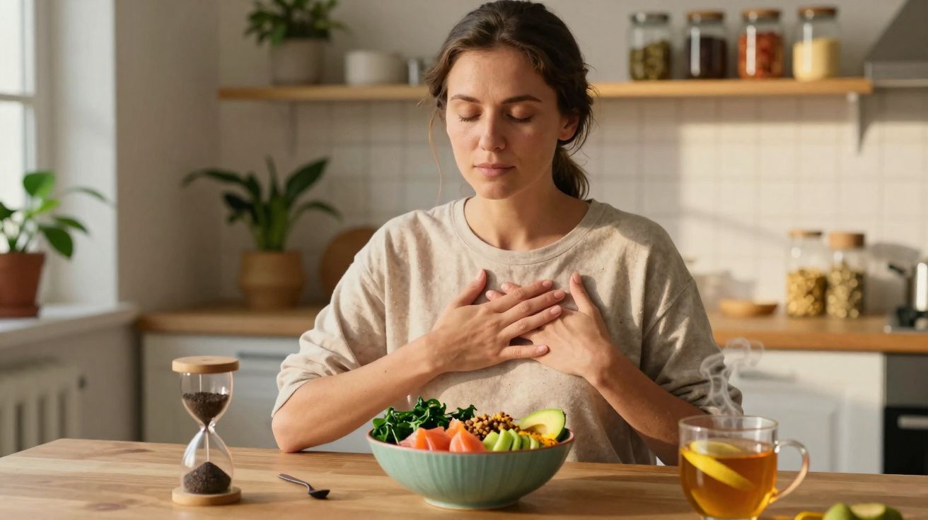Mulher sentada com olhos fechados com as mãos no peito, à mesa com prato saudável e xícara de chá na cozinha.