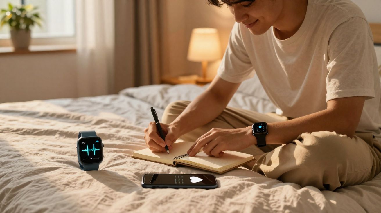 Homem sentado na cama escrevendo em caderno com smartwatch e celular com ícone de coração.
