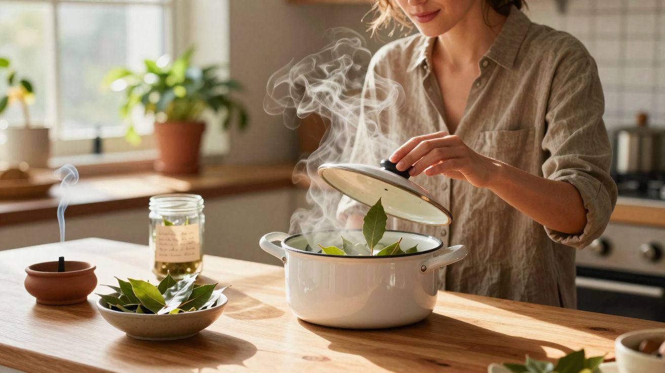 Mulher abrindo panela com folhas de louro e vapor, em cozinha iluminada naturalment.