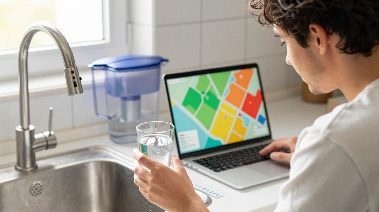 Pessoa segurando copo d'água na cozinha enquanto consulta mapa colorido no laptop próximo à pia.