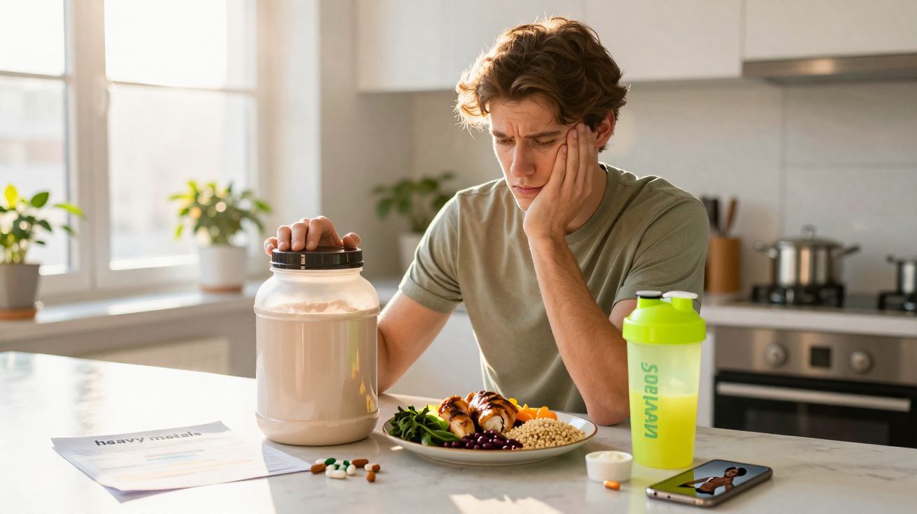 Homem jovem pensativo sentado à mesa com suplemento em pote, prato de comida, remédios e copo shaker.
