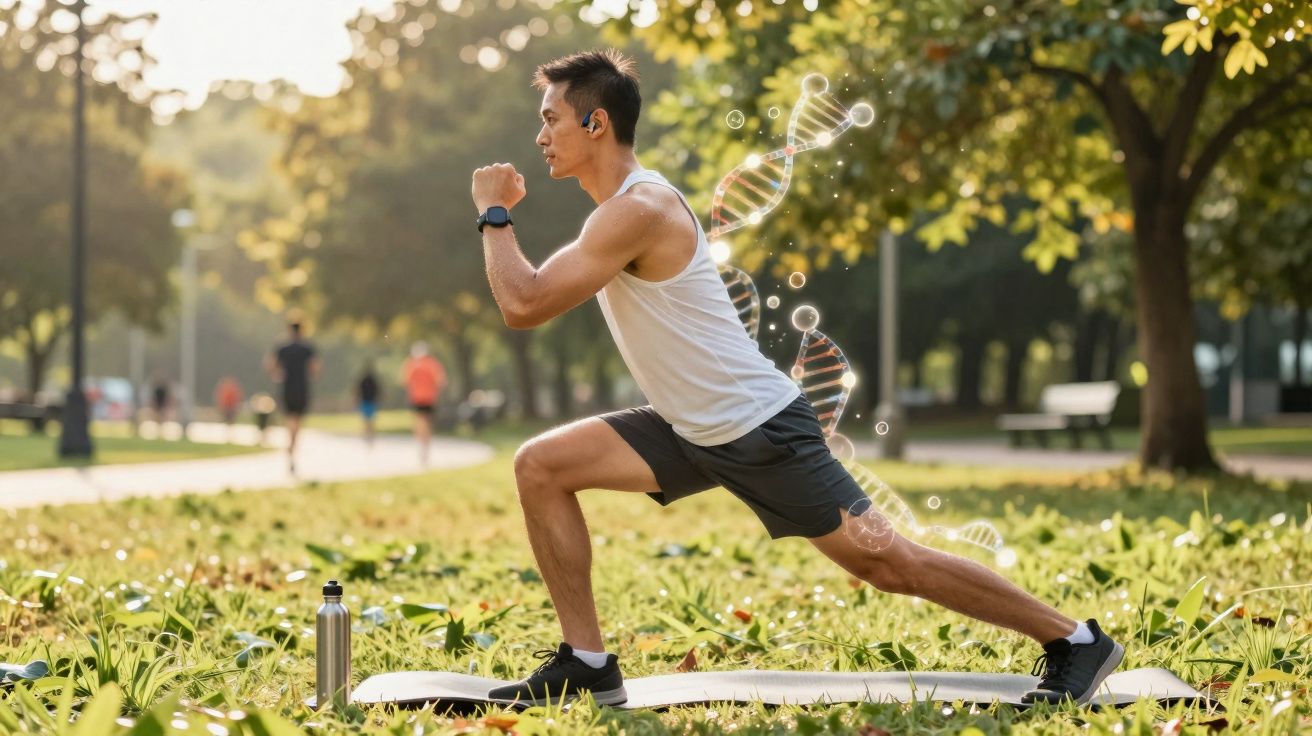 Homem fazendo alongamento em parque, com ilustração de molécula de DNA sobreposta ao corpo.