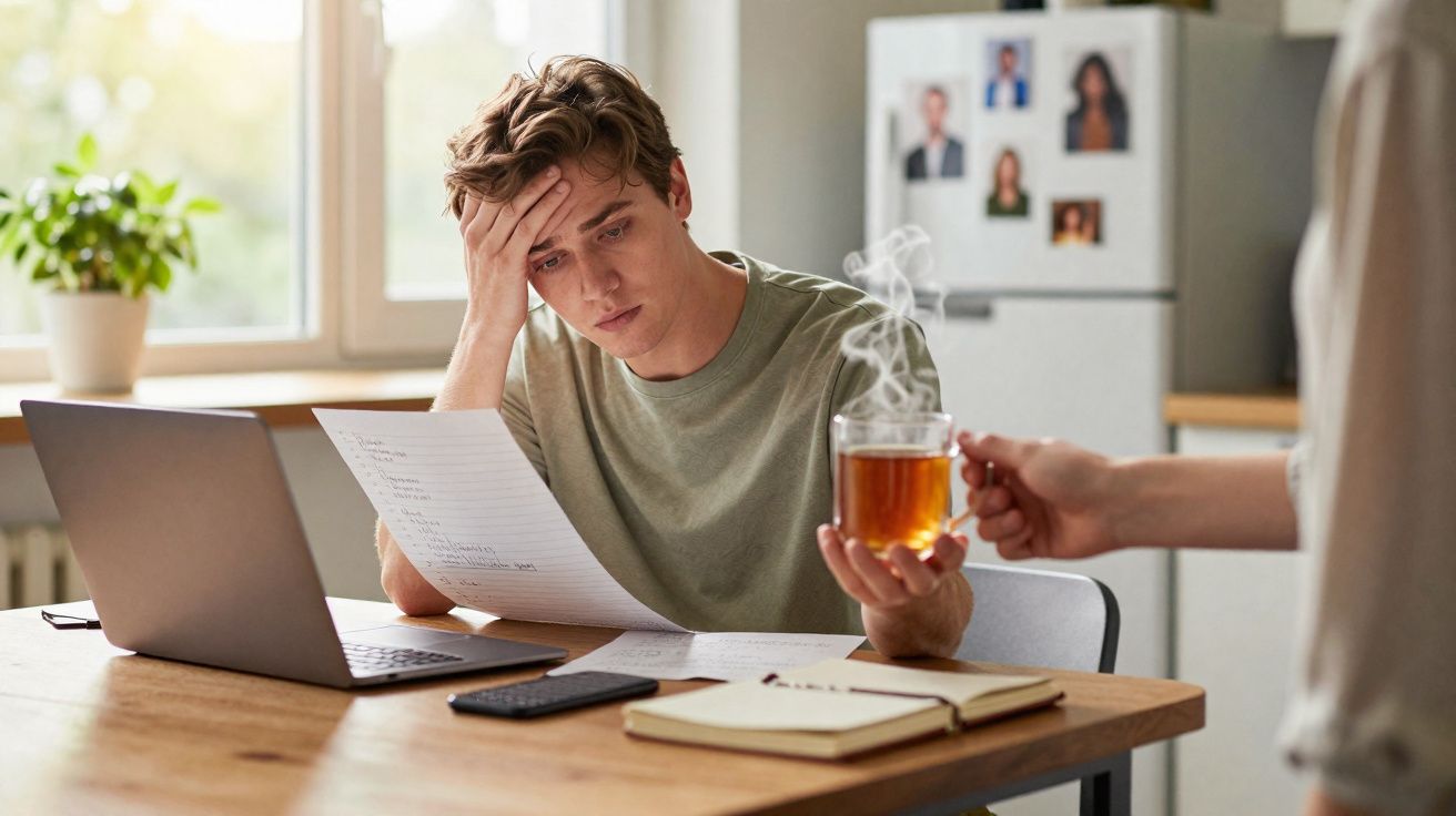 Jovem preocupado lendo documento em mesa com laptop, caderno e telefone, recebendo uma xícara de chá.