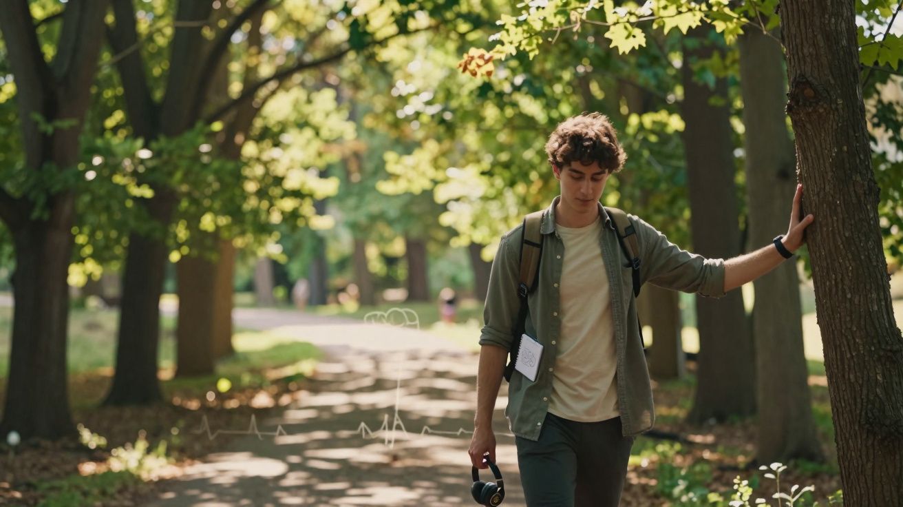Jovem caminha em parque ensolarado, segurando fones e tocando a árvore com uma mão.