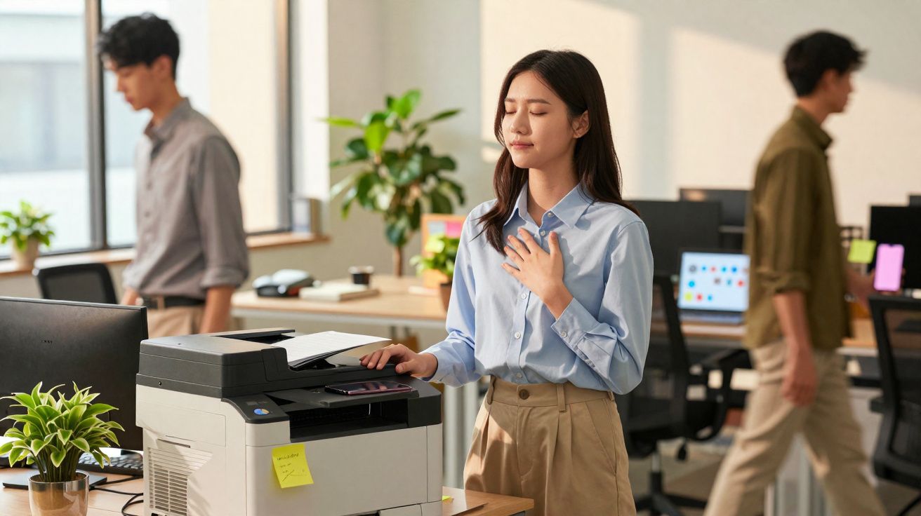 Mulher em escritório com olhos fechados tocando o peito, ao lado de impressora, enquanto duas pessoas caminham ao fundo.