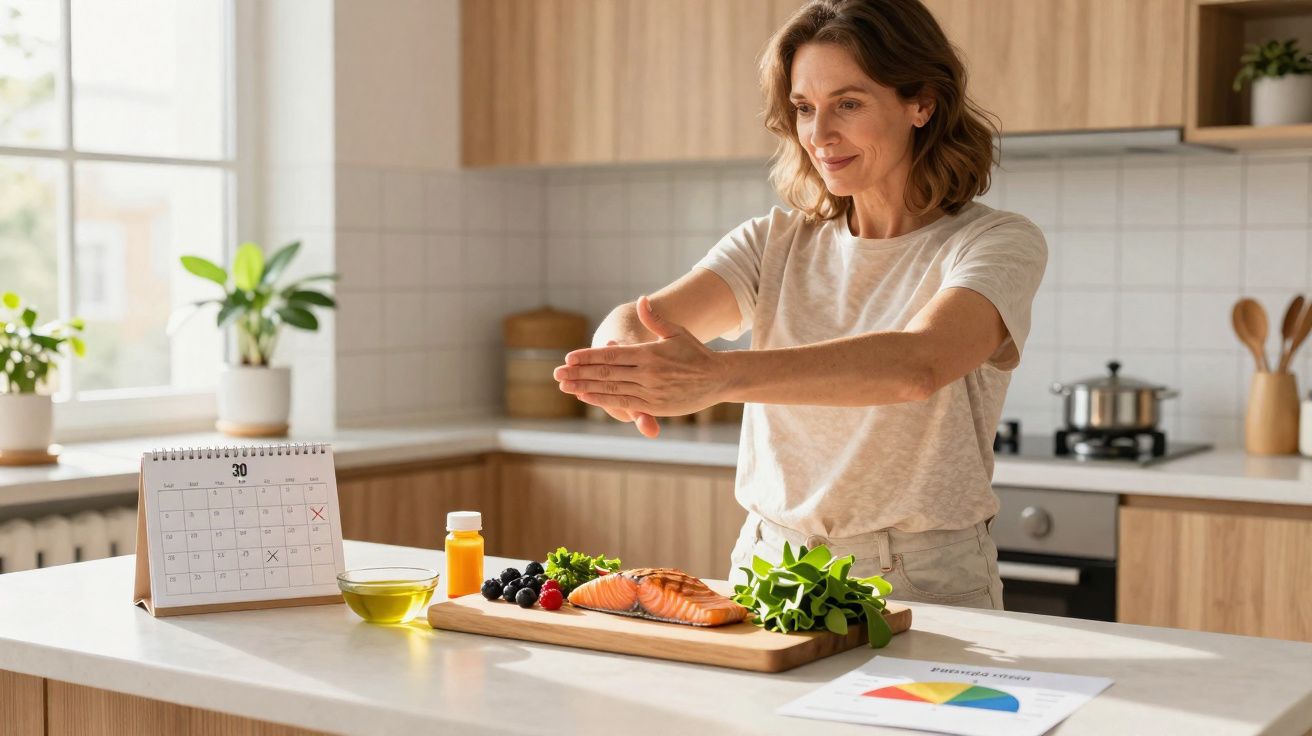 Mulher preparando refeição saudável com salmão, vegetais e frutas na cozinha iluminada e moderna.