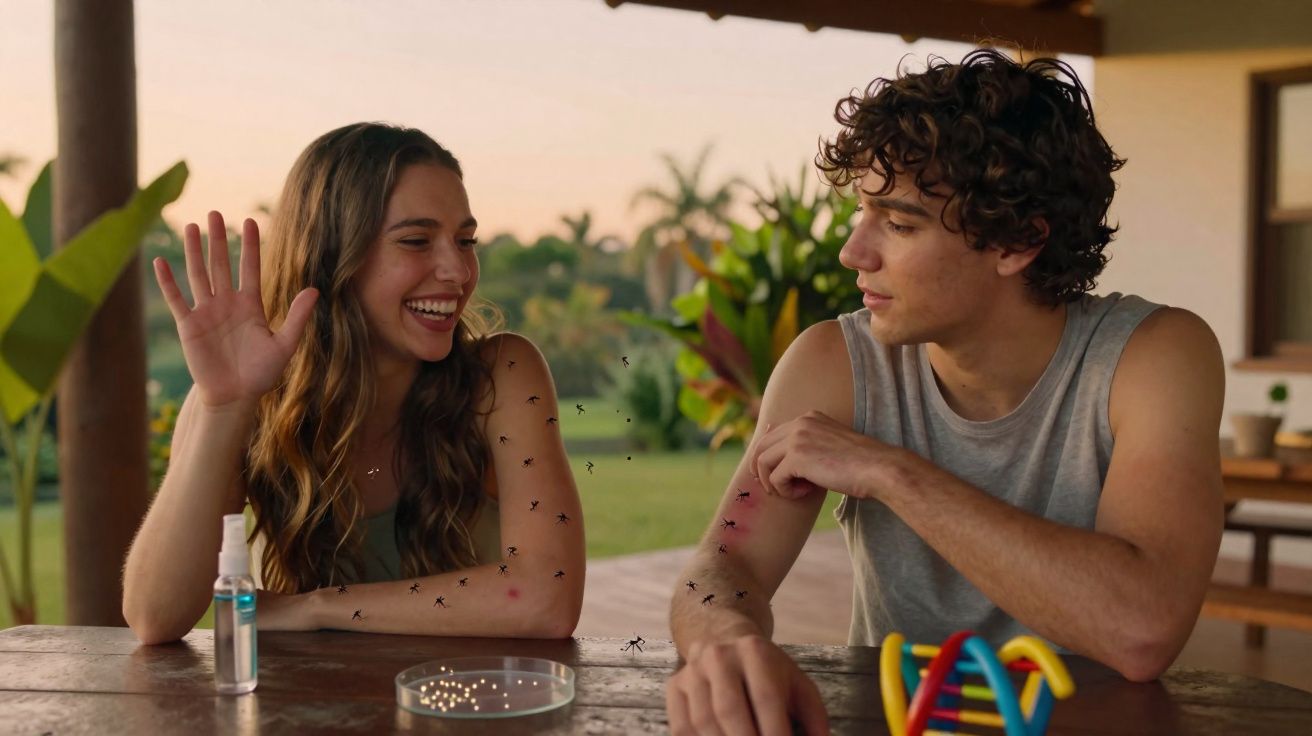 Jovem mulher e homem sentados ao ar livre com vários mosquitos pousados e picadas nos braços.