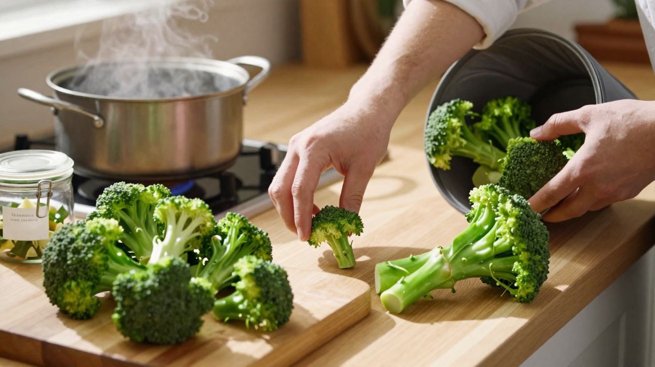 Pessoa colocando brócolis em tábua na cozinha com panela e pote na bancada.