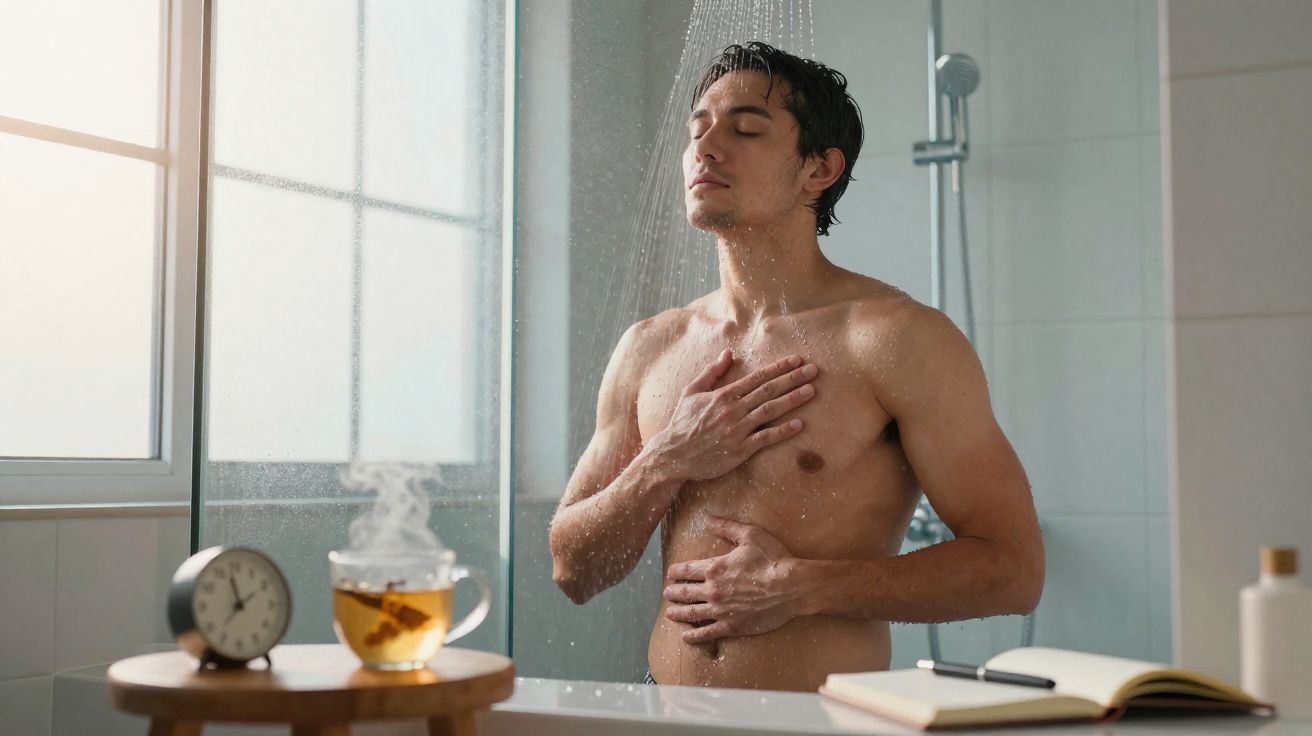 Homem relaxando embaixo do chuveiro com mão no peito, ao lado de mesa com chá quente e despertador.