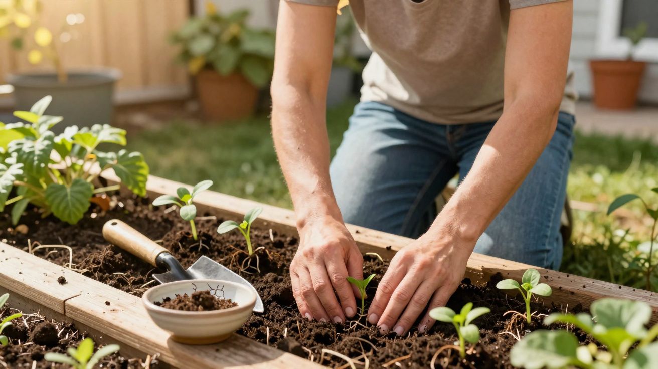 Pessoa plantando mudas em uma horta suspensa de madeira em um jardim ensolarado.