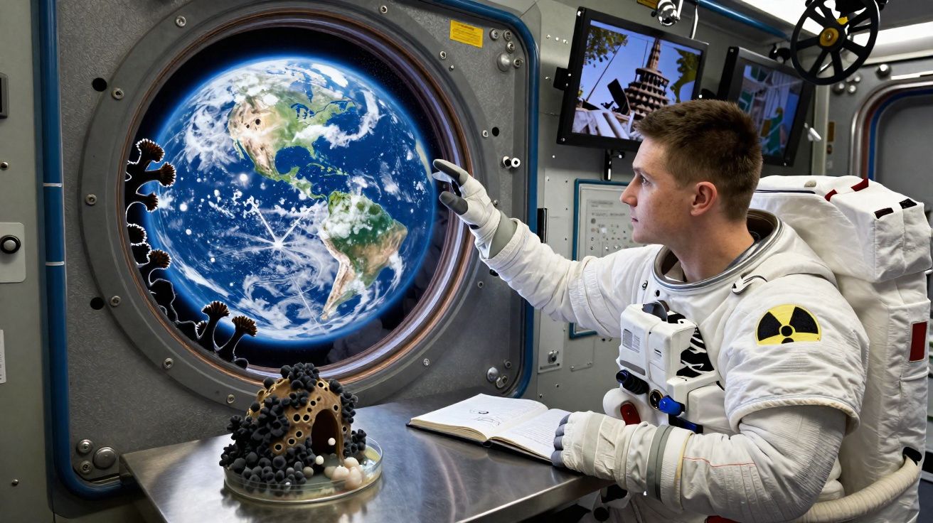 Astronauta em traje espacial observa a Terra pela janela da estação espacial, com modelo do coronavírus na mesa.