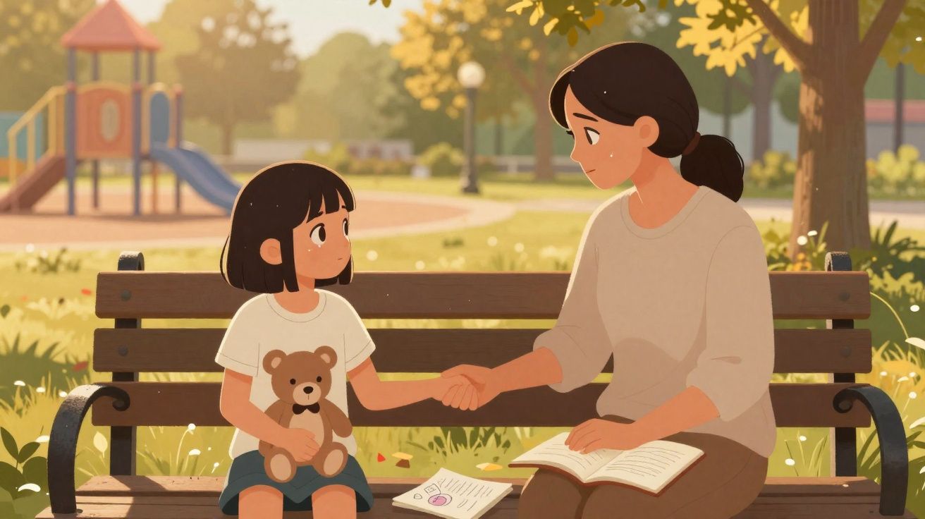 Mulher e menina sentadas em banco de parque, mãos dadas, menina segura ursinho de pelúcia.