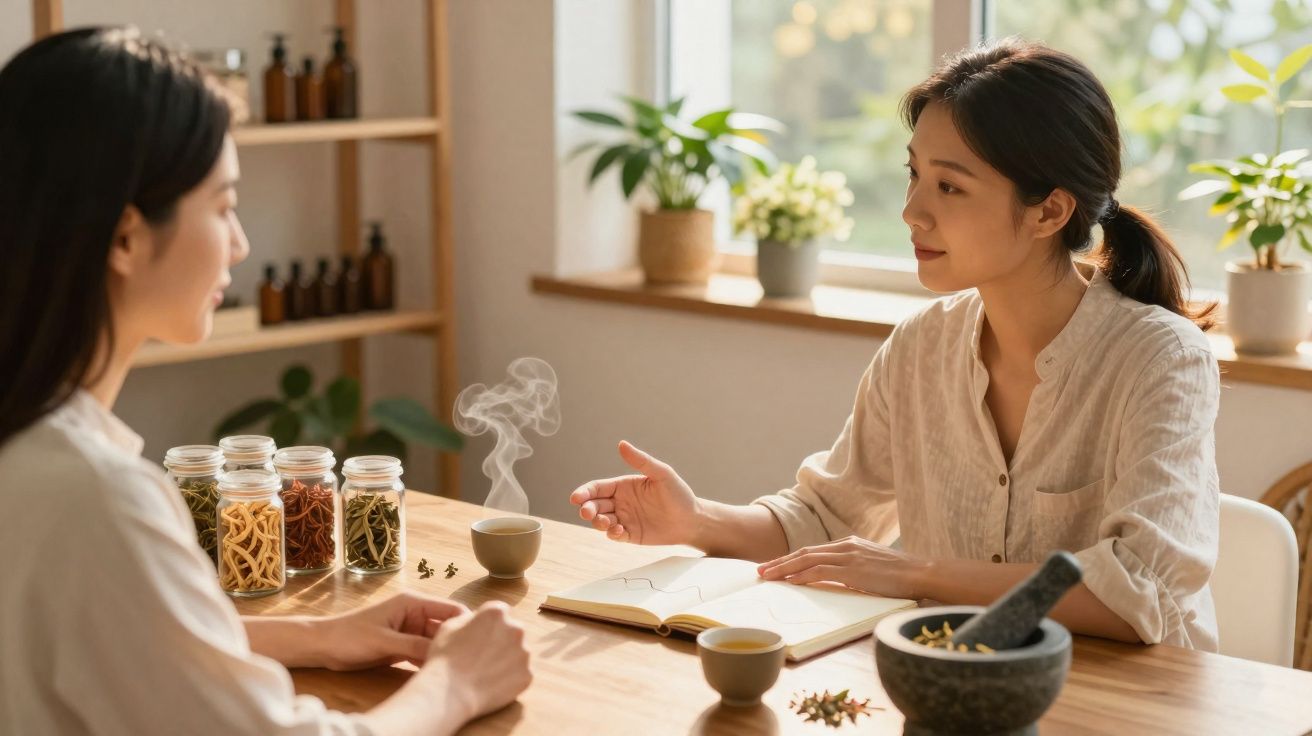 Duas mulheres sentadas à mesa, conversando, com xícaras e potes de ervas medicinais em um ambiente iluminado.
