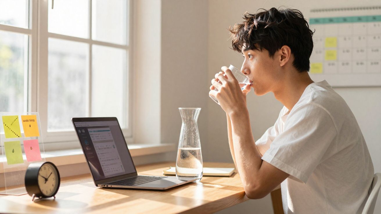 Jovem sentado em mesa, trabalhando no laptop e bebendo água em copo, com janela iluminando o ambiente.