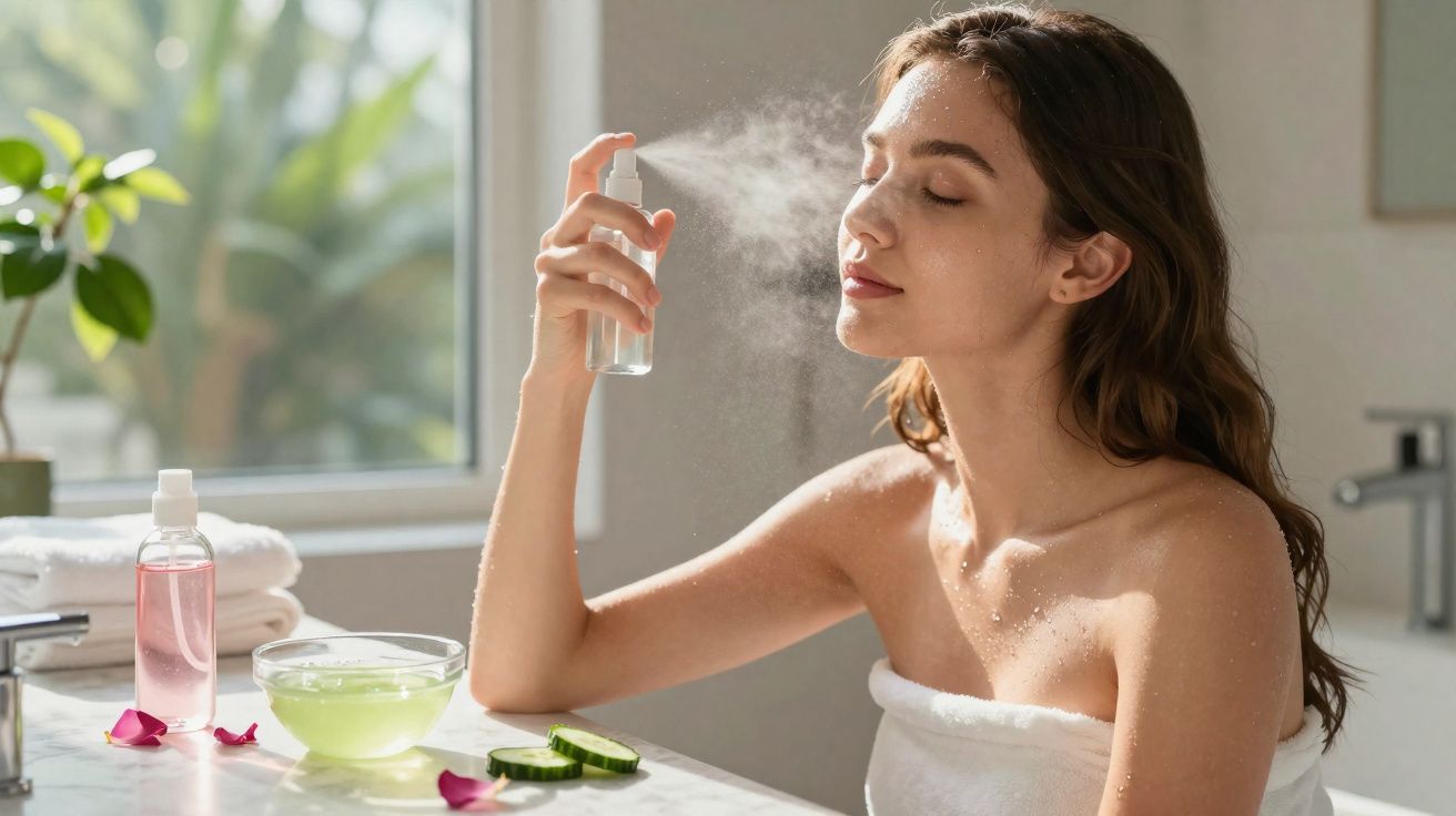Mulher aplicando spray facial hidratante em ambiente claro com toalha branca e produtos de skincare na mesa.