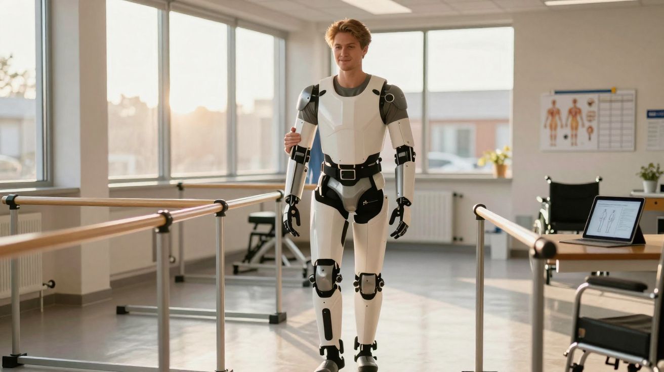 Homem jovem usando exoesqueleto robótico em clínica de reabilitação caminhando com barras paralelas.