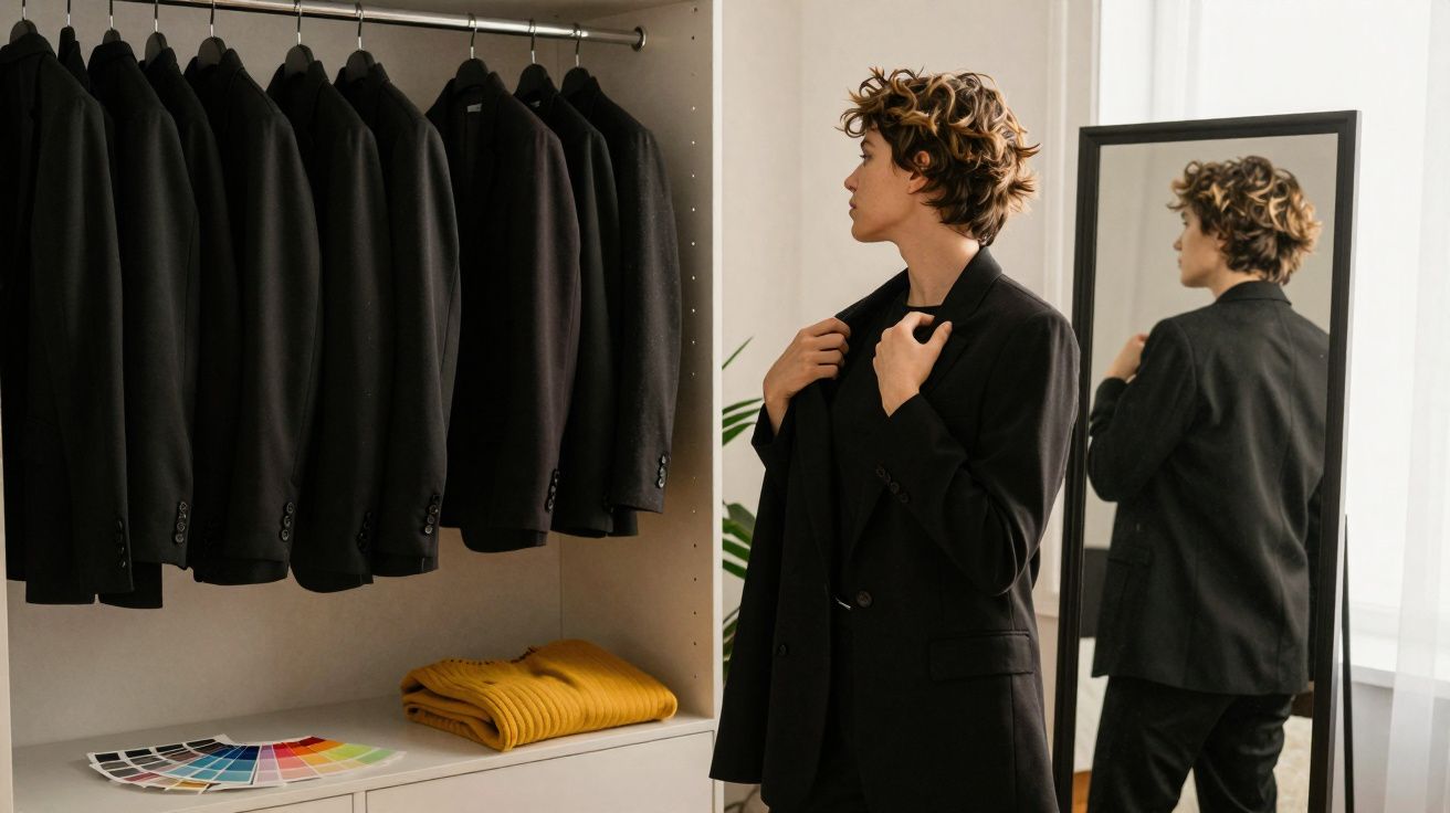 Pessoa vestindo blazer preto, olhando para o espelho, ao lado de um armário com vários blazers pretos pendurados.