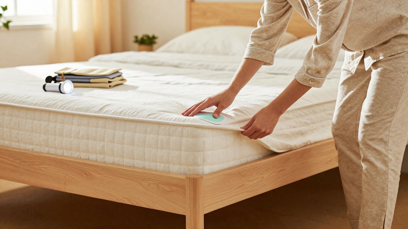 Pessoa preparando a cama com lençol branco em quarto iluminado, ao lado livros e uma lanterna no colchão.
