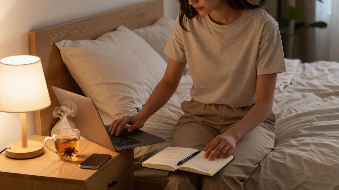 Pessoa sentada na cama à noite, usando notebook e anotando em caderno, com chá e celular ao lado em mesa de cabeceira.