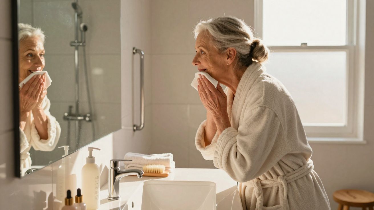 Mulher idosa em roupão branco cuidando da pele no banheiro à frente do espelho.