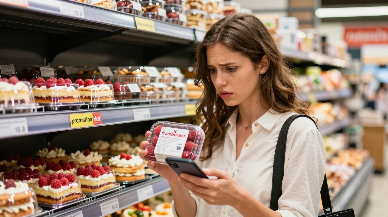 Mulher com expressão preocupada comparando preço de frutas vermelhas em embalagem e no celular em supermercado.