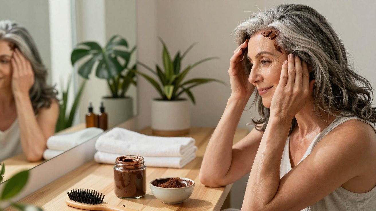 Mulher madura aplicando máscara capilar de argila marrom no cabelo em frente ao espelho.