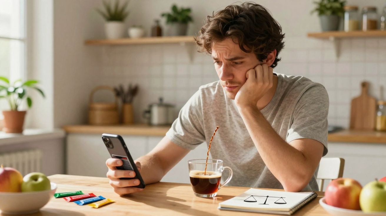Homem sentado à mesa olhando preocupado para o celular com xícara de café e caderno à sua frente na cozinha.